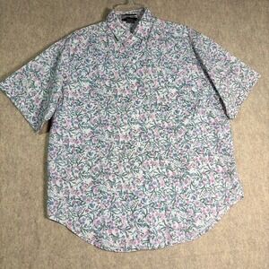 Liz Thomas Shirt Womens Large White Floral Cotton Blend Button Up Vintage Retro